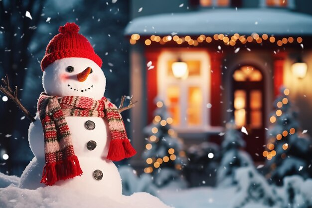 Foto leuke sneeuwman met rode hoed en sjaal voor het huis versierd voor kerstmis met lichten die door ai zijn gegenereerd