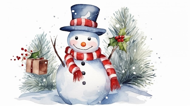 Leuke sneeuwman met rode sjaal waterverf kerstkaart