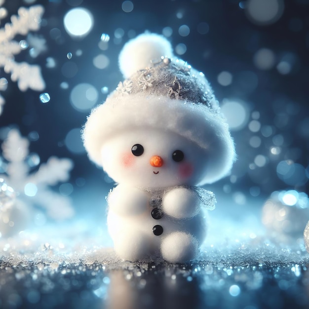 Foto leuke sneeuwman op sneeuw met bokeh achtergrond kerst- en nieuwjaarsconcept