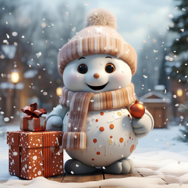 Foto leuke sneeuwpop met een geschenkdoos