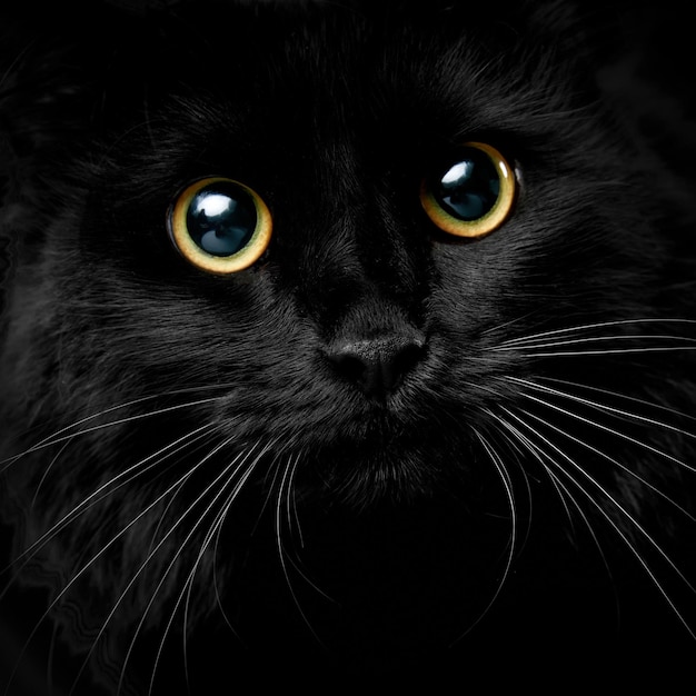 Foto leuke snuit van een zwarte kat close-up afbeelding geïsoleerd zwarte achtergrond