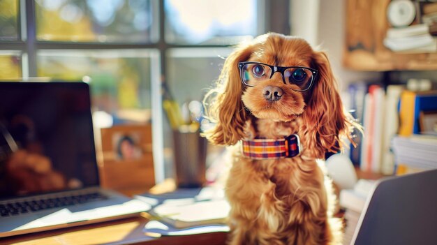 Leuke spaniel hond die thuis een laptop in een bril werkt.