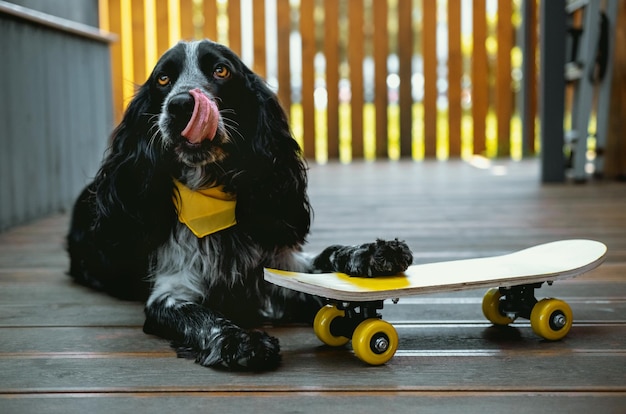 Leuke spanielhond die gele bandana draagt, legt met geel skateboard humor zomerhuisdierkaartconcept