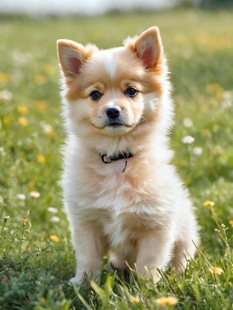 Leuke spitz puppy in de weide.