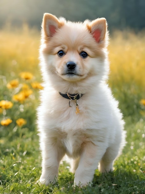 Leuke spitz puppy in de weide.