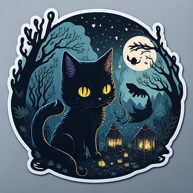 Leuke sticker met zwarte kat en mysterieuze nachtscène