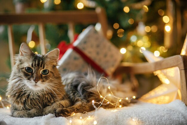 Leuke tabby kat die ligt met stijlvolle kerstcadeaus en gouden lichten op een gezellige fauteuil op de achtergrond van een stijlvolle versierde kerstboom Huisdieren en wintervakanties Atmosferische magische kerstavond