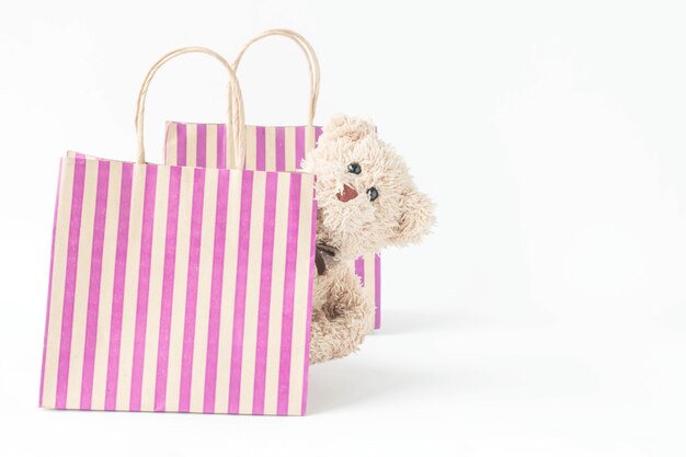 Leuke teddybeer in boodschappentas met gelukkig gevoel