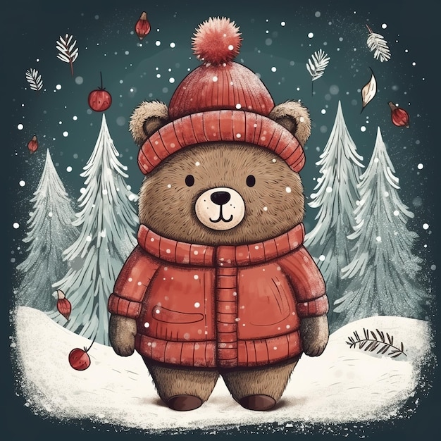 Leuke teddybeer in een rode gebreide hoed en sjaal met een kerstboom en sneeuwvlokken Waterverf