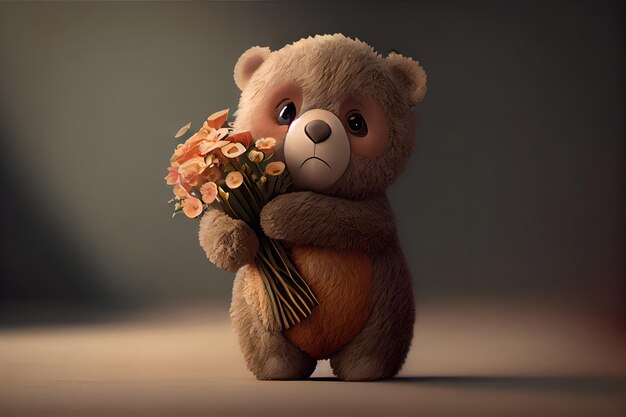 Foto leuke teddybeer zit op de vloer, boeket bloemen in een vaas, verjaardagskaart, 8 maart, illustratie