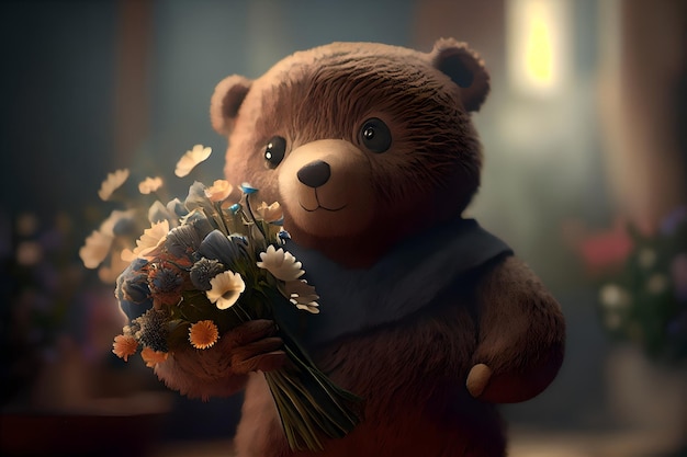 Leuke teddybeer zit op de vloer, boeket bloemen in een vaas, verjaardagskaart, 8 maart, illustratie