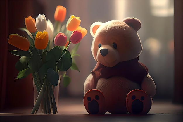 Foto leuke teddybeer zit op de vloer, boeket bloemen in een vaas, verjaardagskaart, 8 maart