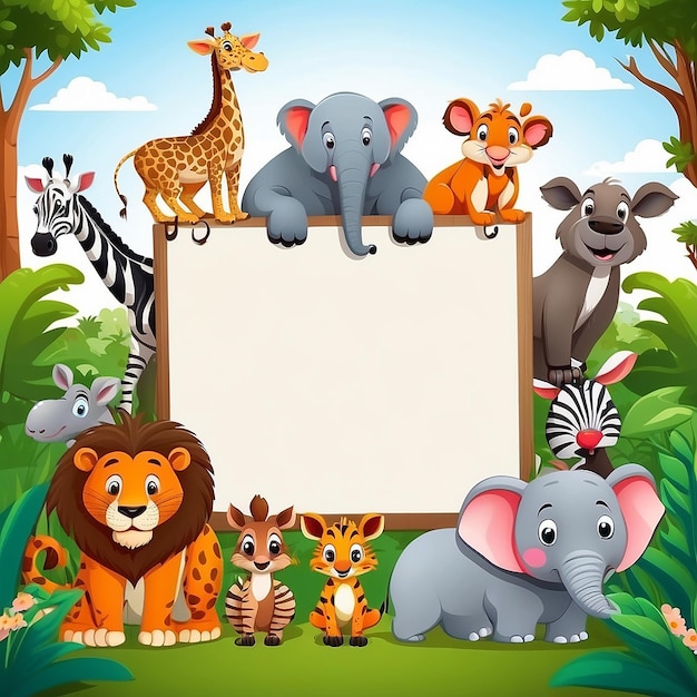 Leuke tekenfilms van wilde dieren met een leeg bord.