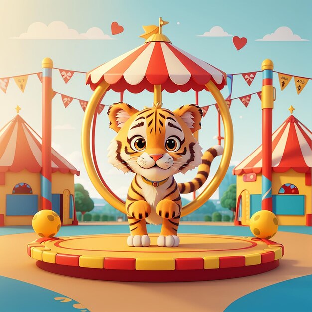 Leuke Tiger Jump In Ring Circus Cartoon Vector Icon Illustratie Animal Holiday Icon Concept Geïsoleerd Premium Vector Flat Cartoon Stijl