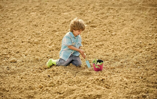 Leuke tijd op de boerderij Tuinieren concept Kind heeft plezier met kleine schop en plant in pot Planten in veld Zaailingen planten Kleine helper in tuin Jongen zit op de grond en plant bloem in veld