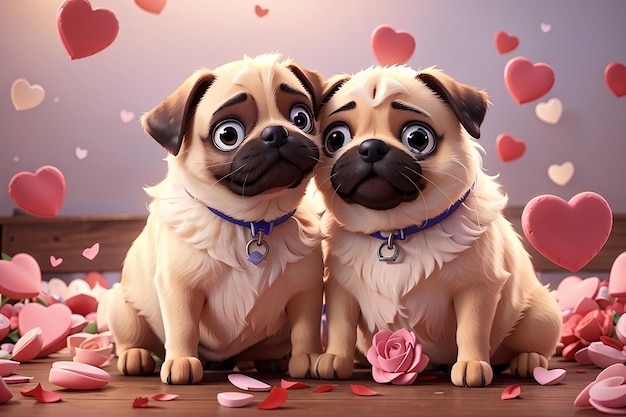 Leuke Valentijnsdag kaart met cartoon pug honden zoenen karakters