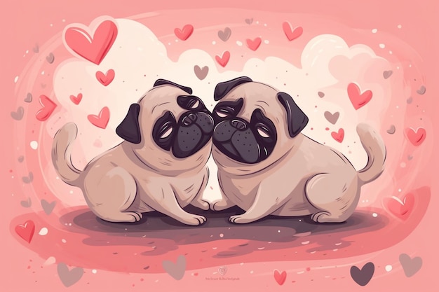 Leuke valentijnskaart met cartoon pug honden die karakters generatieve ai kussen