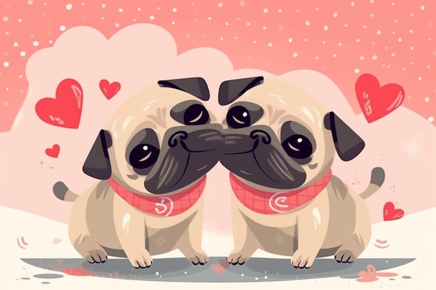 Leuke valentijnskaart met cartoon pug honden die karakters generatieve ai kussen
