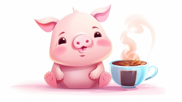 Leuke varken drinkt boba melk thee met geld zak cartoon vector pictogram illustratie dier drank plat