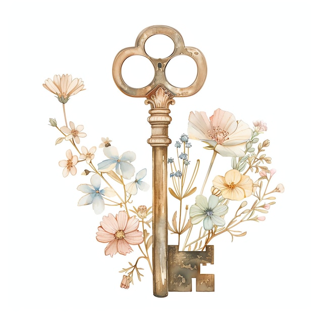Foto leuke vintage sleutel met wilde bloemen in vintage stijl