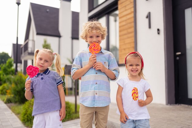 Leuke vrolijke kinderen die hun heerlijke lolly's eten