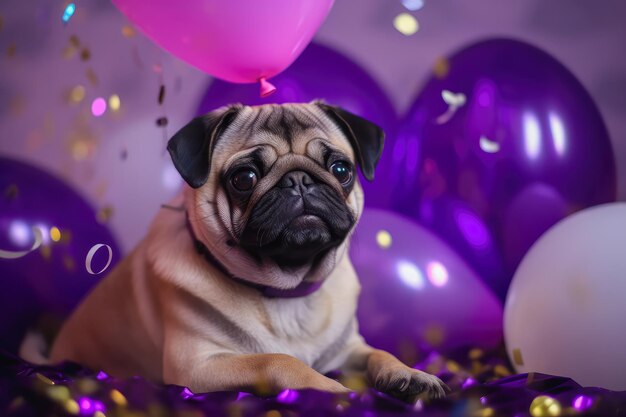 Leuke vrolijke pug puppy met violette ballonnen op verjaardagsfeestje Vakantie en verjaardag concept