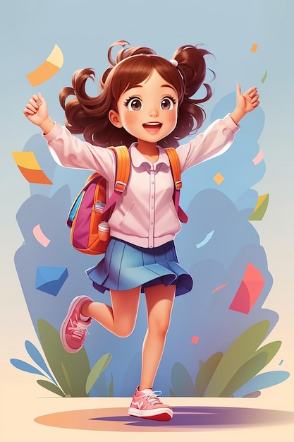 Leuke vrolijke student meisje springen cartoon personage kind kinderen school onderwijs hand tekenen kunst illustratie