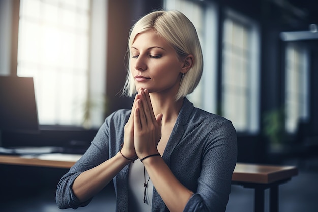 Leuke vrouw zittend in een meditatiehouding met gesloten ogen en een glimlach in een modern kantoor dat een gevoel van opmerkzaamheid, ontspanning en balans tussen werk en privéleven kan oproepen Generatieve AI