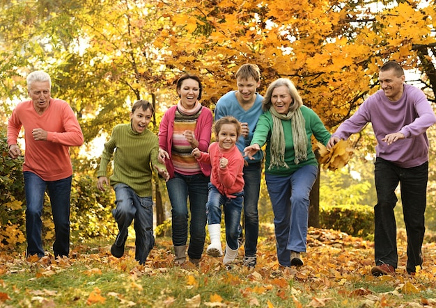 Leuke wandeling met een groot gezin in het herfstbos