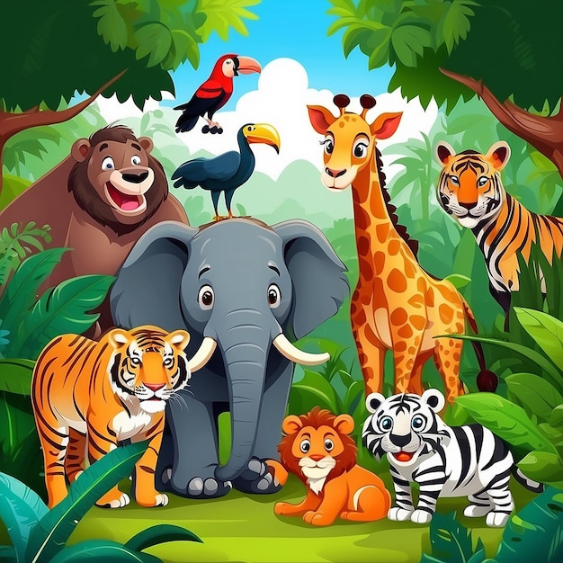 Leuke wilde dieren cartoon in de jungle