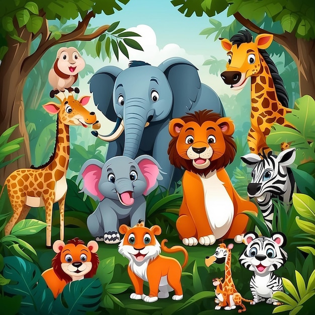 Leuke wilde dieren cartoon in de jungle