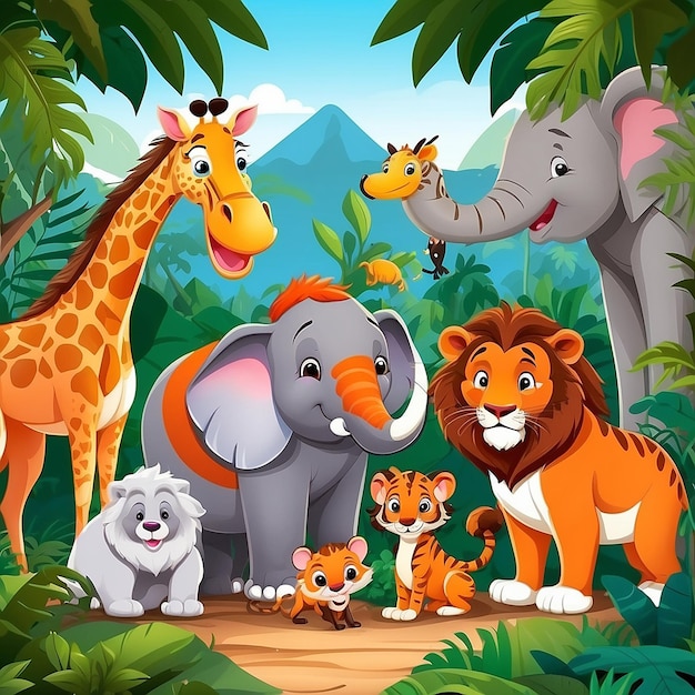 Leuke wilde dieren cartoon in de jungle