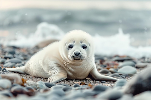 Leuke witte baby zeehond op zandstrand kopieerruimte