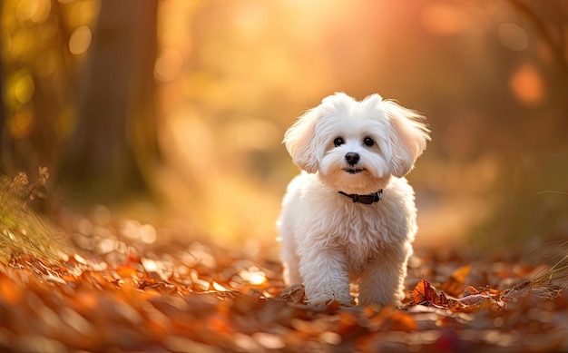 Leuke witte bichon frise hond in een herfstpark