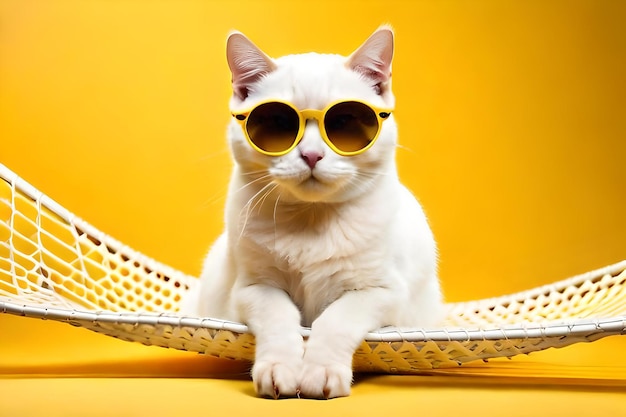 Leuke witte Britse kat die zonnebril op gele stoffenhangmat draagt die op gele achtergrond wordt geïsoleerd