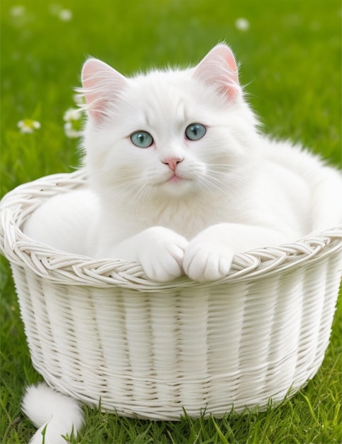 Leuke witte kat die in een mand zit.
