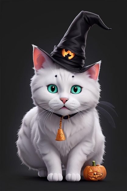 Leuke witte kat in Halloween-thema heksenkostuum 3D art style rendering 2