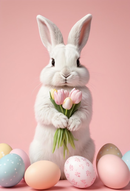 Leuke witte konijn houdt prachtige zachte roze tulpen in zijn poten omringd door geschilderde paaseieren