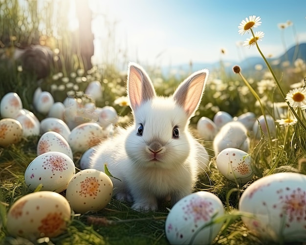 Leuke witte konijnenfamilie en kleurrijke paaseieren op groen gras Generatieve ai