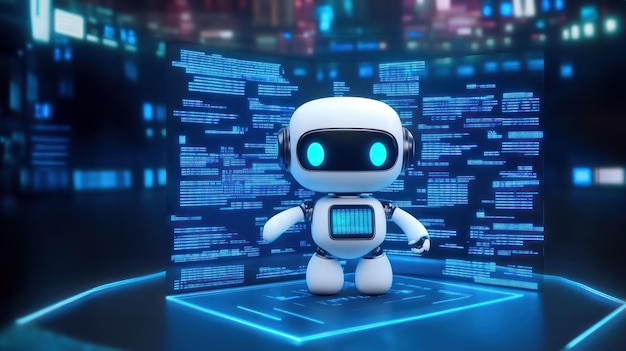 Leuke witte robot omringd door stromen programmeringsgegevens AI programmering online programmering programmering workshops