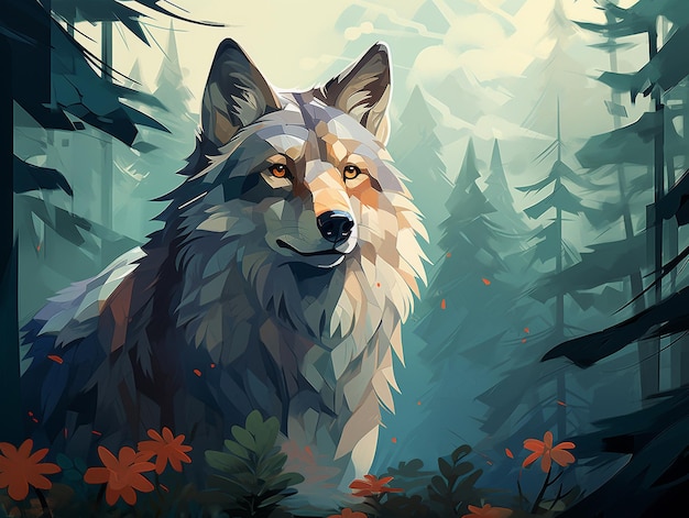 Leuke wolf illustratie met bos achtergrond