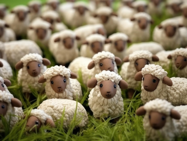 Leuke wollen groep schapen gemaakt van vilt op groen gras