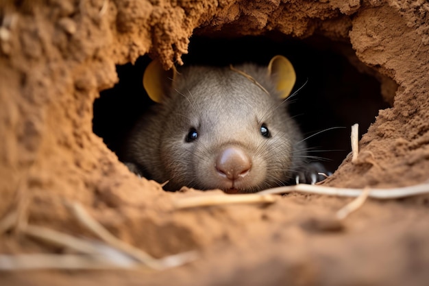 Leuke wombat peek uit zijn hol Mooie illustratie foto Generatieve AI