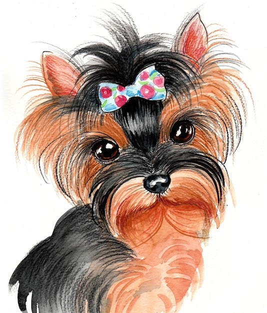 Leuke yorkie-hondpuppy. Inkt en aquarel tekenen