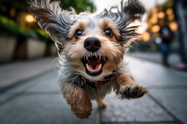 Leuke Yorkshire Terrier-hond die in de zomertijd van de stad springt