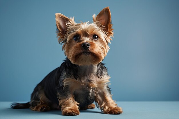 Foto leuke yorkshire terrier op blauwe achtergrond studio opname