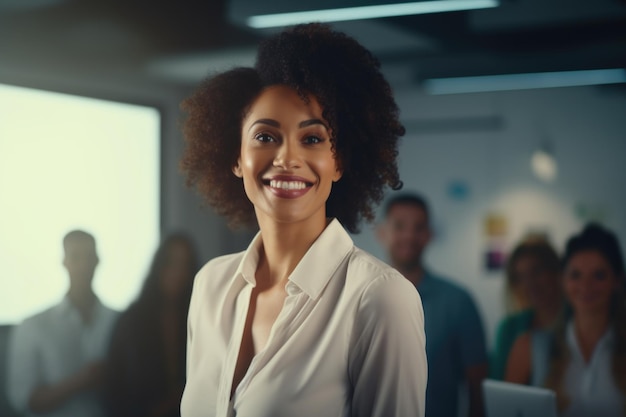 Leuke zakenvrouw Jonge Afro-Amerikaanse vrouw kijkt naar de camera en glimlacht terwijl haar baas