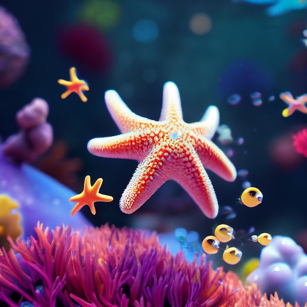 Leuke zeester op de bodem van de zee 3D-rendering cartoon afbeelding