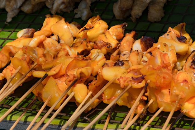 Leuke zeevruchtenbarbecue. Gegrilde inktvis op spies