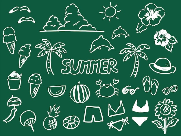Leuke zomer witte lijn tekening item set witte krijt stijl op blackboard